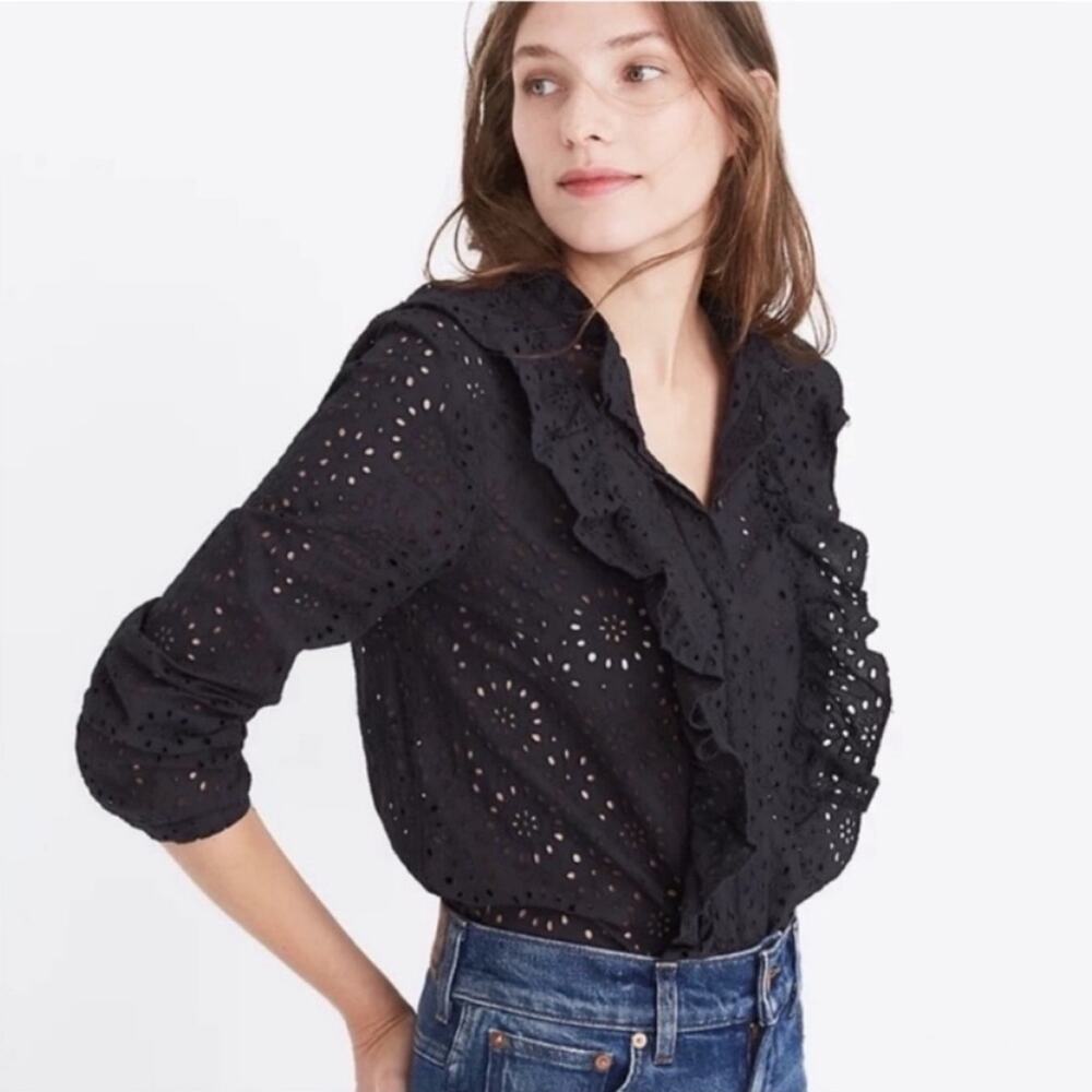Madewell Black Eyelet Ruffle Front Blouse XS Long Sleeve